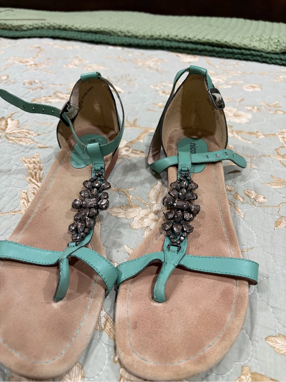 Nicole Aqua T-Strap Gemstone Flat Sandals